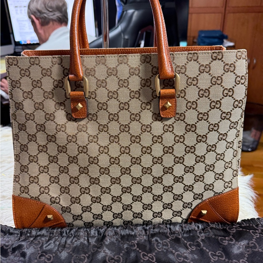 Gucci Brown and Tan Monogram Handbag